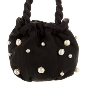 STAUD Black Mini Bag with Pearl Accents and Braided Handles